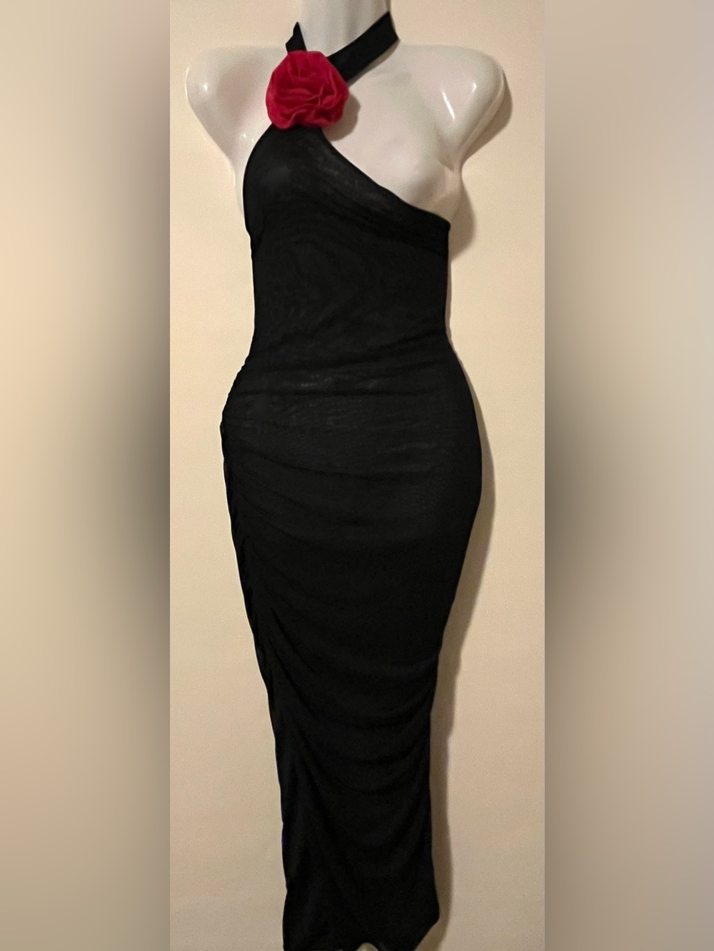 Fashion Nova Black Ruched Midi Dress Red Floral Accent Size XL